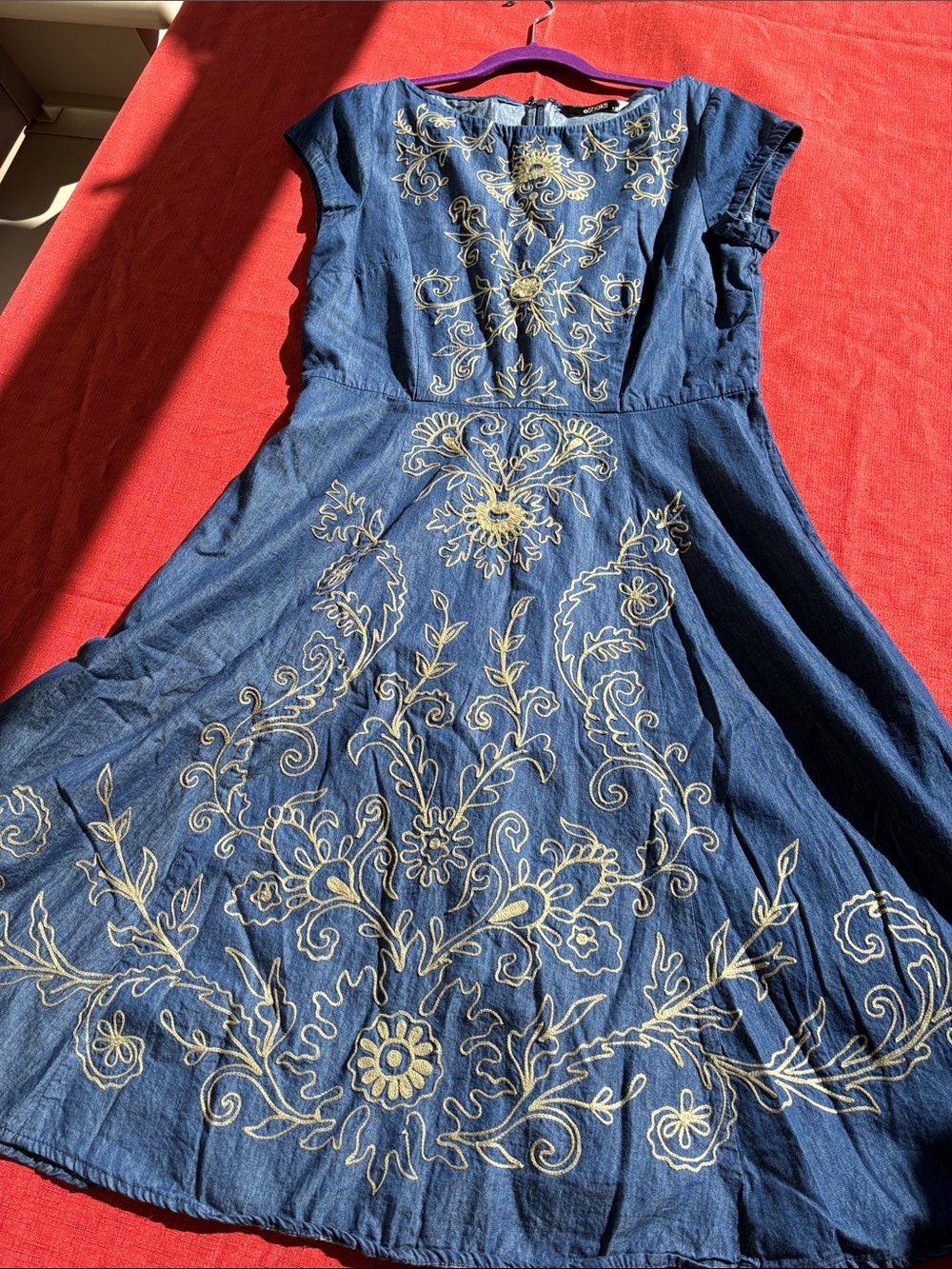 eShakti Women's Embroidered Blue Fit-and-Flare Dress, light weight denim